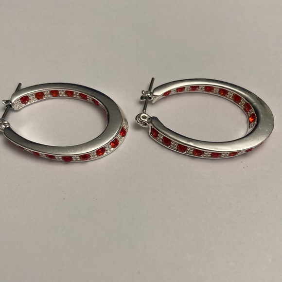 Silver Tone Hoop Earrings with Red Accents - Picture 1 of 15